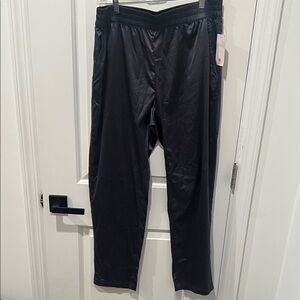 Peach Elegant Black Straight Leg Women's‎ Satin Slate Gray Pants, Size Large